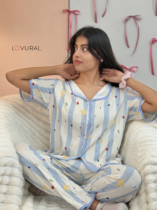 Blue & White Striped Star PJ set pink cherry & bows pj set