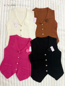 Knit Double Collar Waist Coat with Rose Flower sienna one shoulder ribbed top (copy)