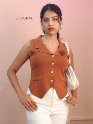 knit double collar waist coat with rose flower